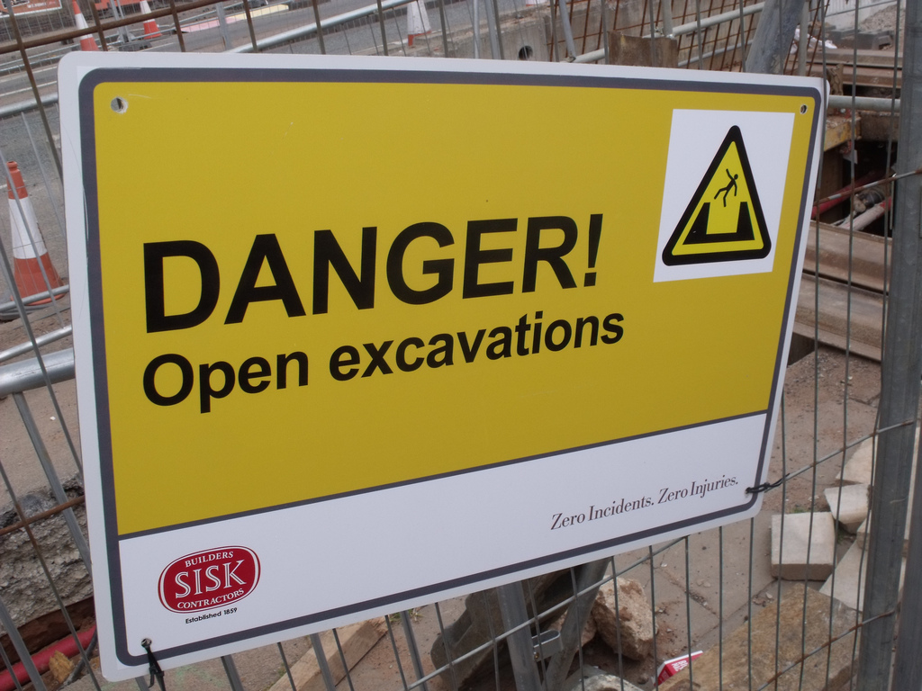 Longbridge road works - sign - Danger! Open excavations (CC BY 2.0)